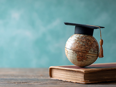 Small globe with a cap on top of a book